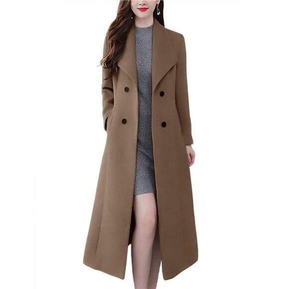 Jackets & Blazers - Women's Chic Shawl Collar Work Double Breasted Maxi Long Wool Pea Coat